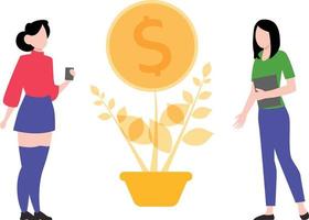 las chicas se paran junto a la planta de dinero. vector