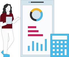 The girl is working on a mobile chart graph. vector