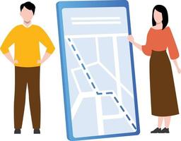 Boy and girl looking at  map on a cell phone. vector