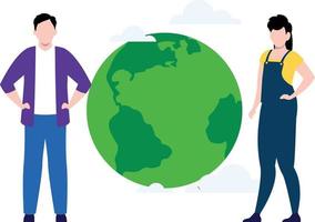 Boy and girl stand with a green world. vector