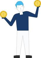 The boy stands with dollar coin in both hands. vector