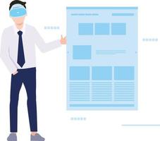 The boy analyzes the layout document using VR technology. vector