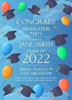 Graduation party invitation 2022 funny card. Sky with balloons vector