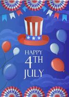 4th July Poster design. Independence Day Celebration template. Uncle Sam hat. red, blue, white baloons, patriotic decorations. vector