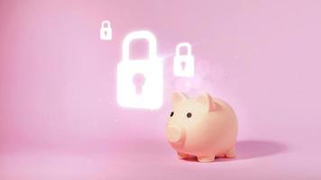 Piggy bank and key lock icon motion. Security money concept. video