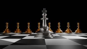 The King in battle chess game stand on chessboard with black isolated background. Concept business photo