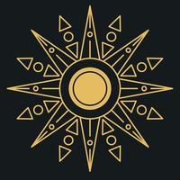 Golden abstract sun with rays on a black background. Minimalistic vector image