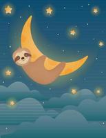 Sloth in space sleeping on the shiny moon, cosmic background with clouds and stars. Cute sleeping sloth on the moon at starry night. Vector illustration for little kids and children