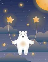 Cute polar bear in space rides on a swing on the shiny stars, cosmic background with clouds and moon. Kind smiling white bear in the cosmos at starry night. Vector illustration for little kids