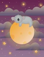 Koala in space sleeping on the shiny moon, cosmic background with clouds and stars. Cute sleeping koala on the moon at starry night. Vector illustration for little kids and children