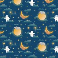 Cute animals in space sleeping on the shiny moon, cosmic seamless pattern with clouds and stars. Vector space pattern for little kids and children