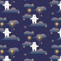 Cute polar bear in space rides on a swing on the shiny stars, cosmic seamless pattern with clouds and stars. Vector space pattern for little kids and children