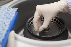 Scientist loading a sample to centrifuge photo