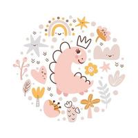 lindo vector niños composición dino chica tarjeta de felicitación paisaje con dinosaurio, arco iris, palma, plantas, flores y estrellas. dibujos animados princesa bebé ilustración escandinava. para fiesta infantil