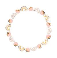 Summer vector round frame baby girl with flower and rainbow in colorful trend colors. Hand drawn naive illustrations in a simple Scandinavian style