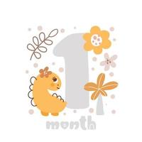 1 métricas de la tarjeta de aniversario del mes del bebé de un mes. impresión de baby shower con un lindo animal dino, flores y palmeras que capturan todos los momentos especiales. tarjeta de hito de bebé para niña recién nacida vector