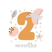 2 métricas de la tarjeta de aniversario del mes del bebé de dos meses. estampado de baby shower con lindos animales dino y flores que capturan todos los momentos especiales. tarjeta de hito de bebé para niña recién nacida vector