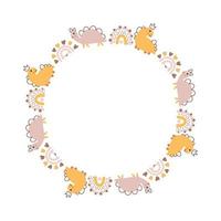 Summer vector round frame baby girl with dino girl and rainbow in colorful trend colors. Hand drawn naive illustrations in a simple Scandinavian style