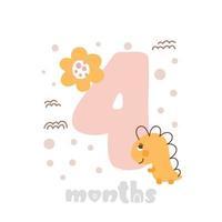 4 tarjeta de aniversario de cuatro meses. estampado de baby shower con lindos animales dino y flores que capturan todos los momentos especiales. tarjeta de hito de bebé para niña recién nacida vector