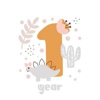 1 year anniversary card. Baby shower print with cute animal dino and flowers capturing all special moments. Baby milestone card for newborn girl vector
