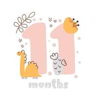 11 tarjeta de aniversario de once meses. estampado de baby shower con lindos animales dino y flores que capturan todos los momentos especiales. tarjeta de hito de bebé para niña recién nacida vector