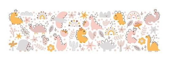lindo vector niños composición dino chica tarjeta de felicitación paisaje con dinosaurio, arco iris, corazón, palma, plantas, flores y estrellas. caricatura princesa bebé ilustración escandinava. para fiesta infantil