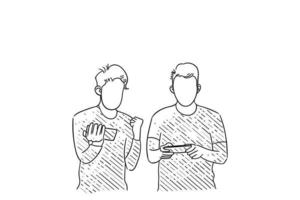 Hand drawn of two man playing game together while standing. Winning in a mobile app game. Vector illustration design