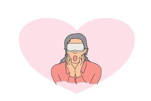 Young woman feeling romantic watching VR drama mini series. Flat vector illustration design