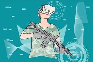 Young man holding toy gun posing ready to win a round in virtual reality world game. Flat design illustration