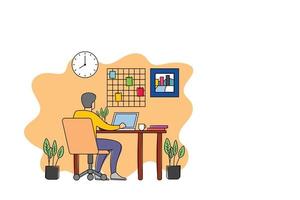 Working from home concept. Freelancer doing his task with laptop. Home office workspace. vector