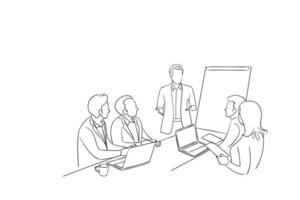Presentation during business meeting in the office. Hand drawn vector illustration design.