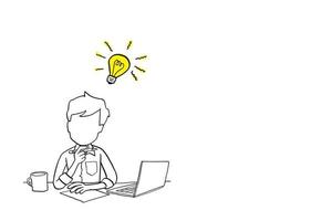 Man working and thinking. He got an idea after researching it. Cartoon vector illustration idea