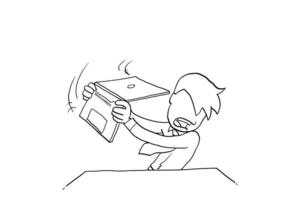 Angry business man smashing laptop to the desk. Concept of stress at work. Cartoon vector illustration design