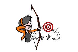 Female business worker aiming the target. Objectives concept. Cartoon vector illustration design