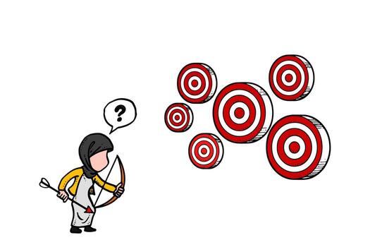 Asian businessman confuse with multiple target. Bad goal setting concept. Cartoon vector illustration design on isolated white background