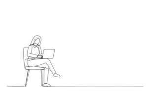 Cartoon of manager ceo lady sit chair use device netbook online communicate single continuous line art style vector