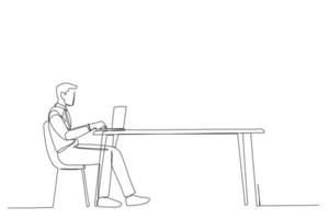One line drawing of young man sitting on desk, using laptop, working online from home. vector