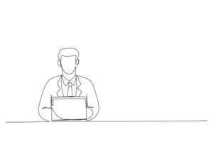 Cartoon of focused millennial business man using laptop at table. Young entrepreneur, using compute at home office workplace. Continuous line design style vector