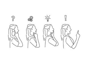 Illustration of Side view sequence of a woman thoughtful, thinking, finding solution with gear mechanism vector