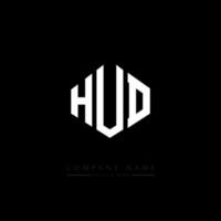 HUD letter logo design with polygon shape. HUD polygon and cube shape logo design. HUD hexagon vector logo template white and black colors. HUD monogram, business and real estate logo.