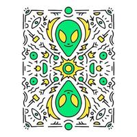 Abstract alien with hipster pattern, illustration for t-shirt, sticker, or apparel merchandise. With doodle, retro, and cartoon style. vector