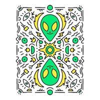 Abstract alien with hipster pattern, illustration for t-shirt, sticker, or apparel merchandise. With doodle, retro, and cartoon style. vector