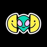 Two half of smile face with alien head inside. Illustration for t shirt, poster, logo, sticker, or apparel merchandise. vector