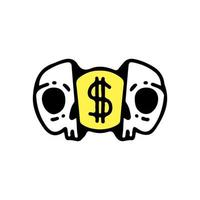dos mitades de la cara del esqueleto con una moneda de un dólar dentro. ilustración para camisetas, afiches, logotipos, pegatinas o prendas de vestir. vector