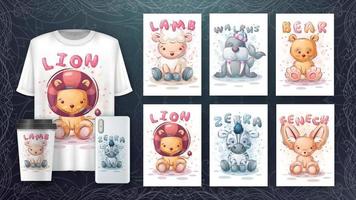 Cartoon character adorable set animals, pretty zoo idea for print t-shirt, poster and kids envelope, postcard. Cute hand drawn style animal