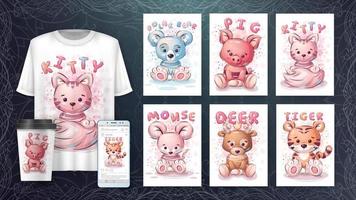 Cartoon character adorable set animals, pretty zoo idea for print t-shirt, poster and kids envelope, postcard. Cute hand drawn style animal vector