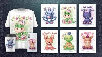 Cartoon character adorable set animals, pretty zoo idea for print t-shirt, poster and kids envelope, postcard. Cute hand drawn style animal. Vector eps 10