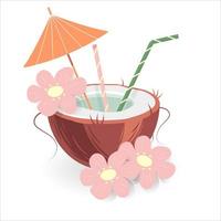 Exotic coconut cocktail in a nut shell with an umbrella and straw in trendy colors. vector