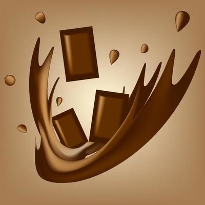 Falling chocolate pieces with chocolate splashes, drops and splash. 3d realistic vector food objects