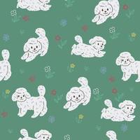 Seamless pattern with cute dogs and flowers. Vector graphics.